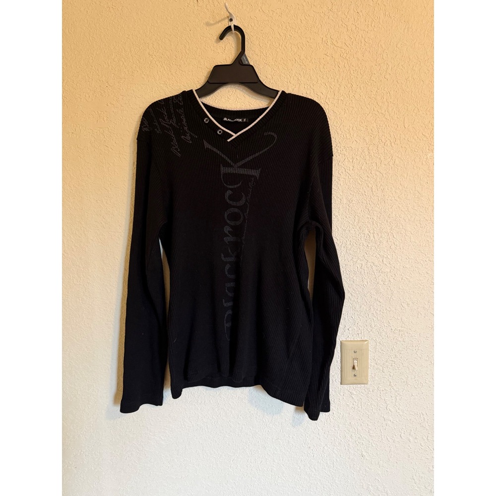 BlackRock Mens XXL Black Ribbed Sweater Long Sleeve V-Neck Graphic Shirt Y2K